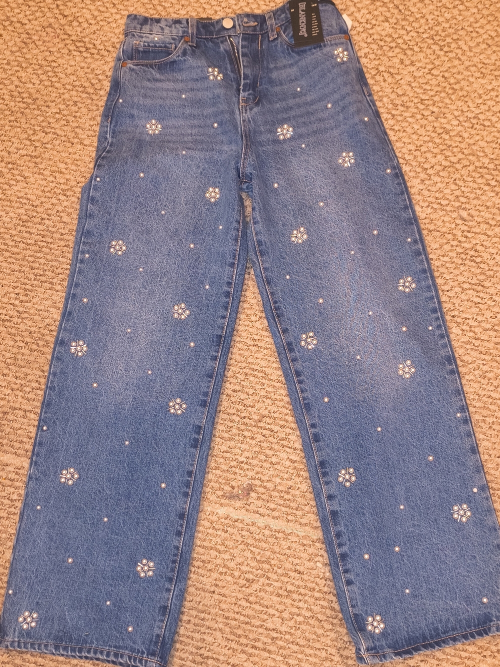 Blank NYC Pearl And Rhinestone Embellished Blue Wide-Leg Women’s Jeans